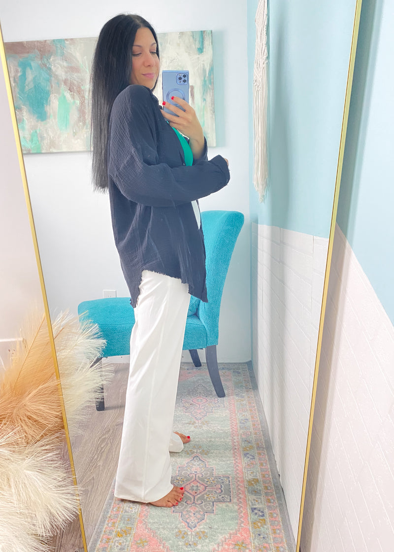 'Liberty' Black Double Gauze Frayed Hem Shirt-This gauze button down shirt is a Spring + Summer essential for every closet, every year! Featuring a double gauze fabric, frayed hems giving it extra detail and functional buttons. Bring this shirt from work to beach in a breeze! -Cali Moon Boutique, Plainville Connecticut