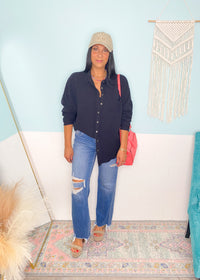 'Liberty' Black Double Gauze Frayed Hem Shirt-This gauze button down shirt is a Spring + Summer essential for every closet, every year! Featuring a double gauze fabric, frayed hems giving it extra detail and functional buttons. Bring this shirt from work to beach in a breeze! -Cali Moon Boutique, Plainville Connecticut