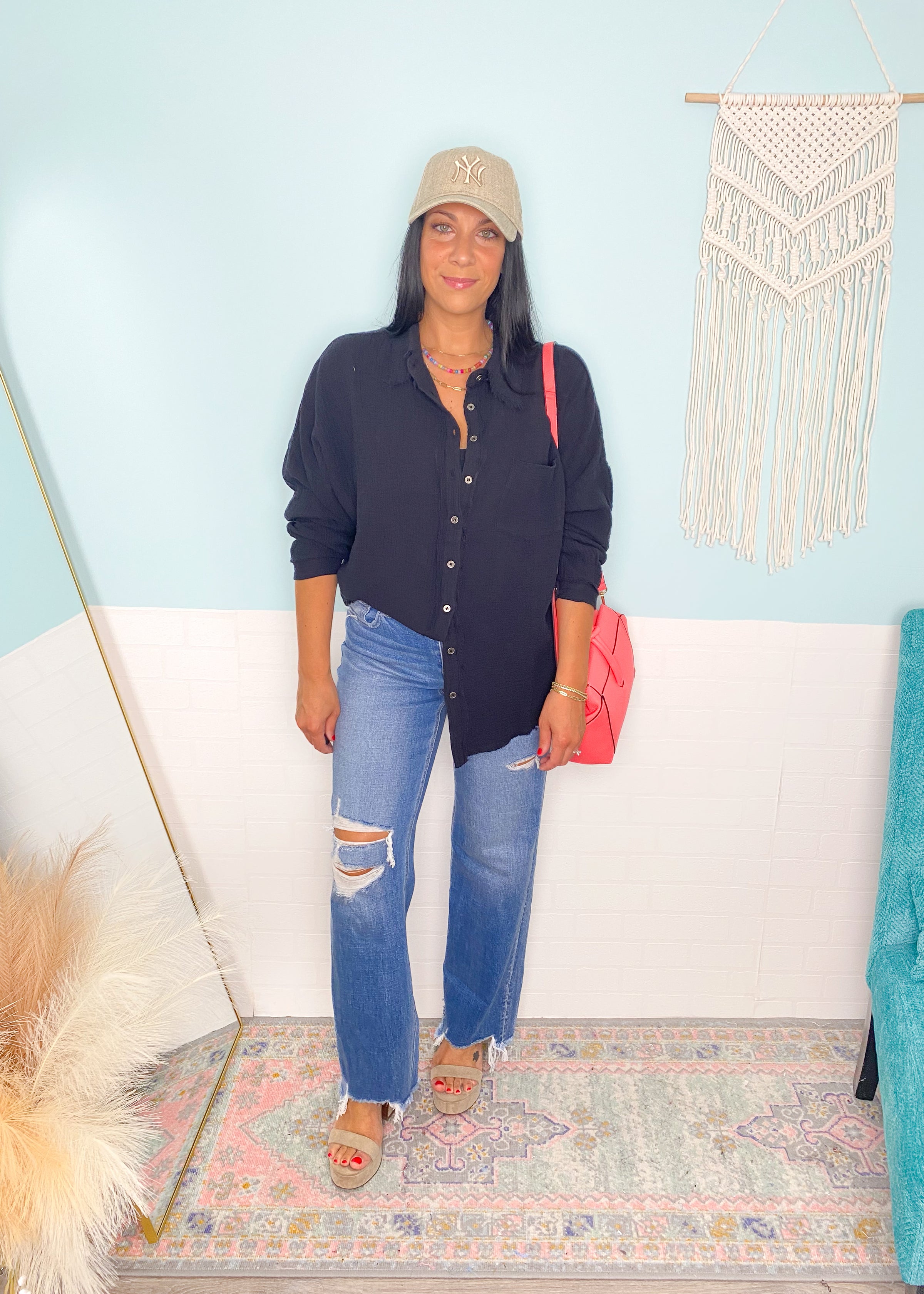 'Liberty' Black Double Gauze Frayed Hem Shirt-This gauze button down shirt is a Spring + Summer essential for every closet, every year! Featuring a double gauze fabric, frayed hems giving it extra detail and functional buttons. Bring this shirt from work to beach in a breeze! -Cali Moon Boutique, Plainville Connecticut