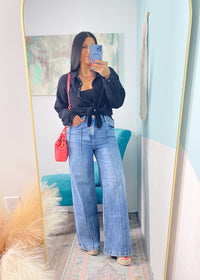 'Liberty' Black Double Gauze Frayed Hem Shirt-This gauze button down shirt is a Spring + Summer essential for every closet, every year! Featuring a double gauze fabric, frayed hems giving it extra detail and functional buttons. Bring this shirt from work to beach in a breeze! -Cali Moon Boutique, Plainville Connecticut
