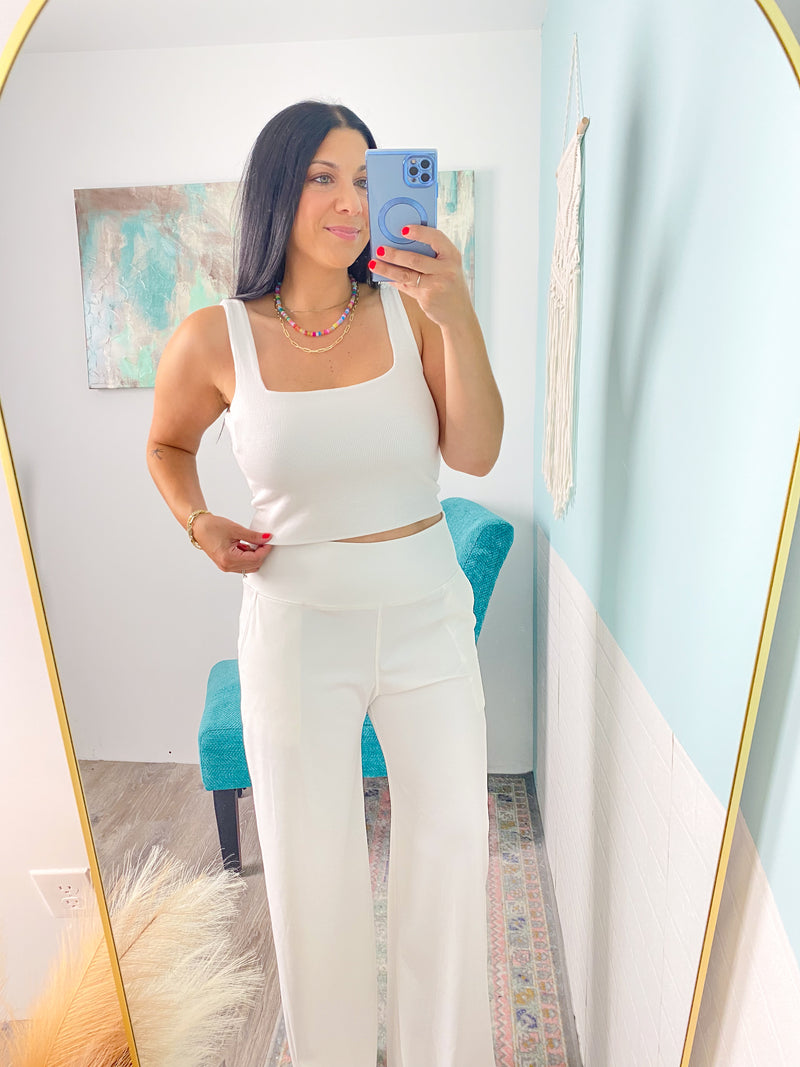 'Square Up' White Ribbed Square Neck Cropped Tank-You will find so many uses for this cropped white tank! Wear it as a layering piece underneath your Summer kimonos, button downs or sheer tops. Wear it on it's own with your favorite high waist jeans or shorts! -Cali Moon Boutique, Plainville Connecticut