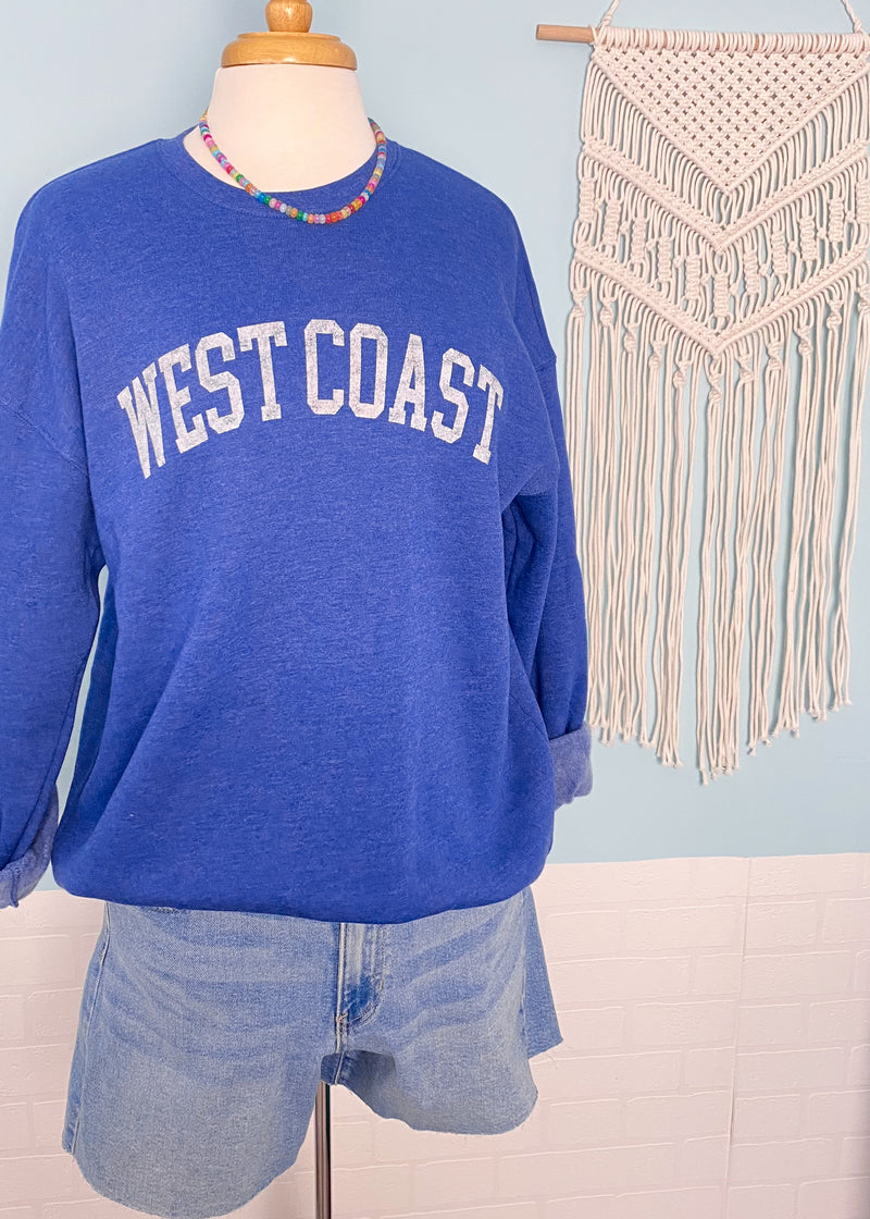 'West Coast' Vintage Heather Royal Ultra Cozy Sweatshirt-**CUSTOMER FAVORITE BRAND** Time and time again, these ultra cozy sweatshirts are a customer fav for good reason! Rep your love for the West Coast with this Vintage Distressed design!-Cali Moon Boutique, Plainville Connecticut