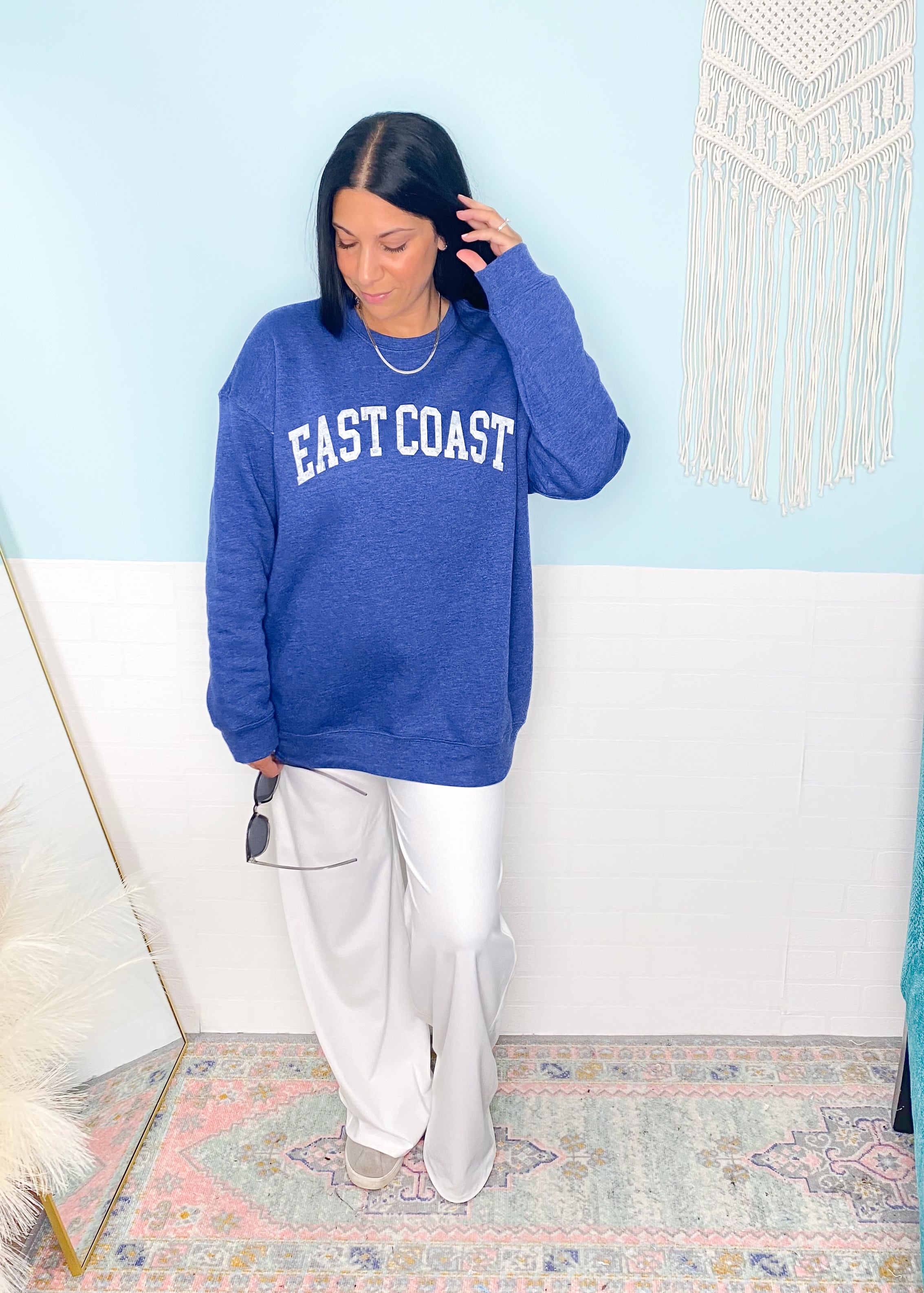 'East Coast' Vintage Heather Royal Ultra Cozy Sweatshirt-**CUSTOMER FAVORITE BRAND** Time and time again, these ultra cozy sweatshirts are a customer fav for good reason! Rep your love for the East Coast with this Vintage Distressed design!-Cali Moon Boutique, Plainville Connecticut