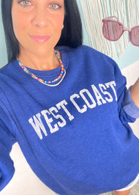 'West Coast' Vintage Heather Royal Ultra Cozy Sweatshirt-**CUSTOMER FAVORITE BRAND** Time and time again, these ultra cozy sweatshirts are a customer fav for good reason! Rep your love for the West Coast with this Vintage Distressed design!-Cali Moon Boutique, Plainville Connecticut