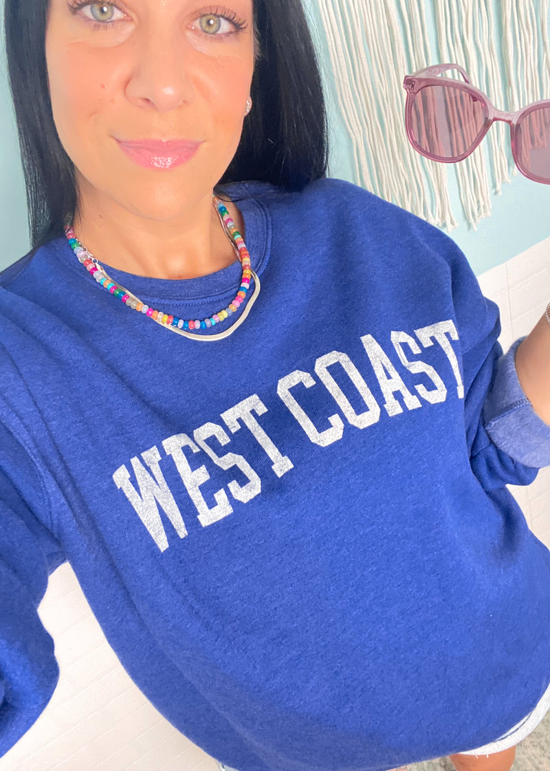 'West Coast' Vintage Heather Royal Ultra Cozy Sweatshirt-**CUSTOMER FAVORITE BRAND** Time and time again, these ultra cozy sweatshirts are a customer fav for good reason! Rep your love for the West Coast with this Vintage Distressed design!-Cali Moon Boutique, Plainville Connecticut