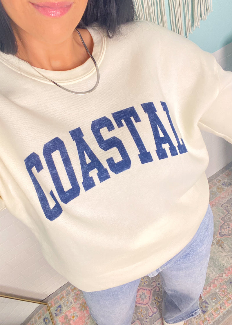'Coastal' Vintage White Ultra Cozy Sweatshirt-**CUSTOMER FAVORITE BRAND** Time and time again, these ultra cozy sweatshirts are a customer fav for good reason! Get into the Coastal state of mind with this cozy sweatshirt.-Cali Moon Boutique, Plainville Connecticut