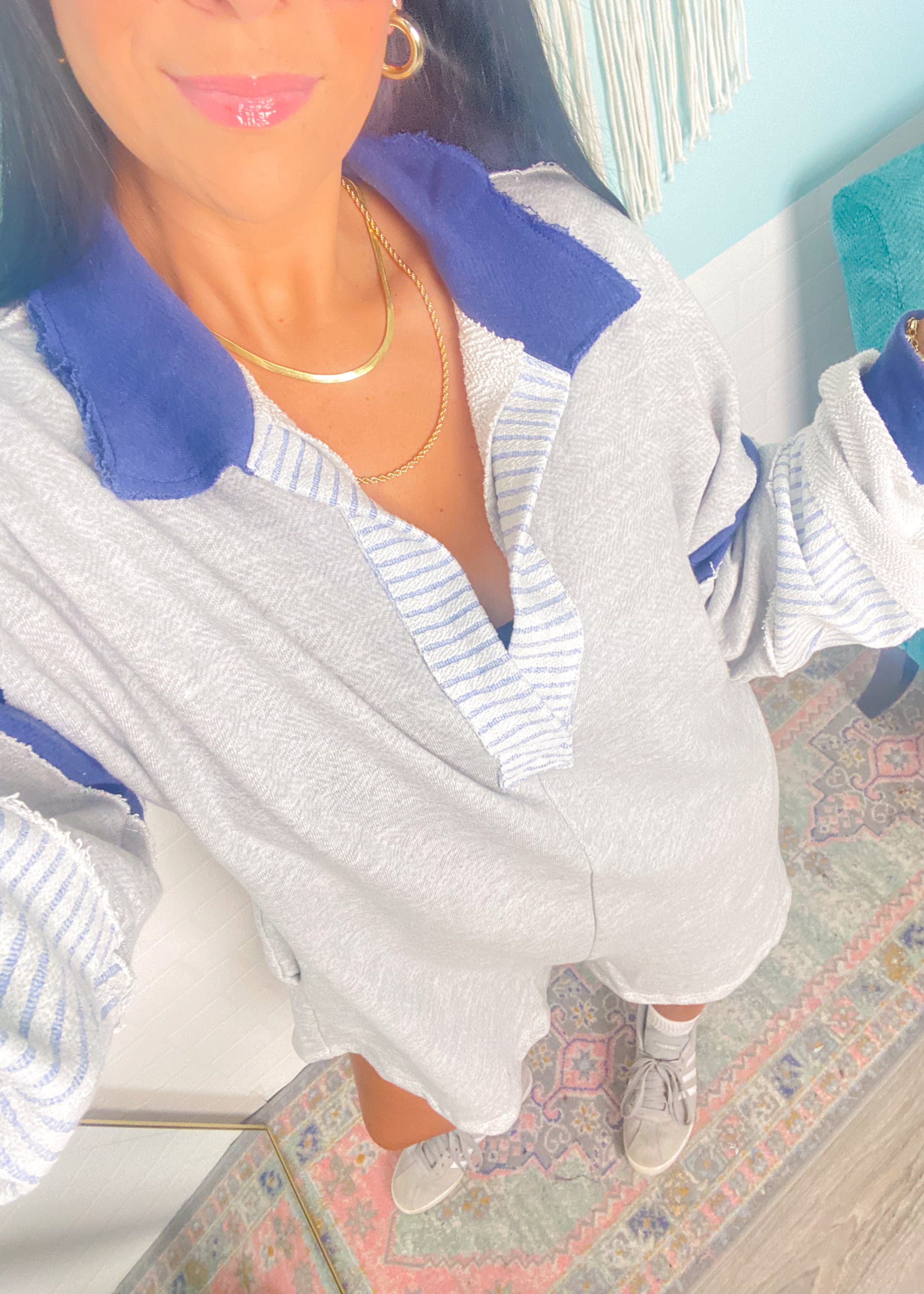 'Newport' Heather Gray + Navy French Terry Romper-These white wide leg stretch pants are everyday chic and we promise you will not want to take them off! The super flattering wide waistband is ultra comfortable and non restricting paired with a smooth and soft nylon fabric. Wear this for the your cutest athleisure look yet!-Cali Moon Boutique, Plainville Connecticut