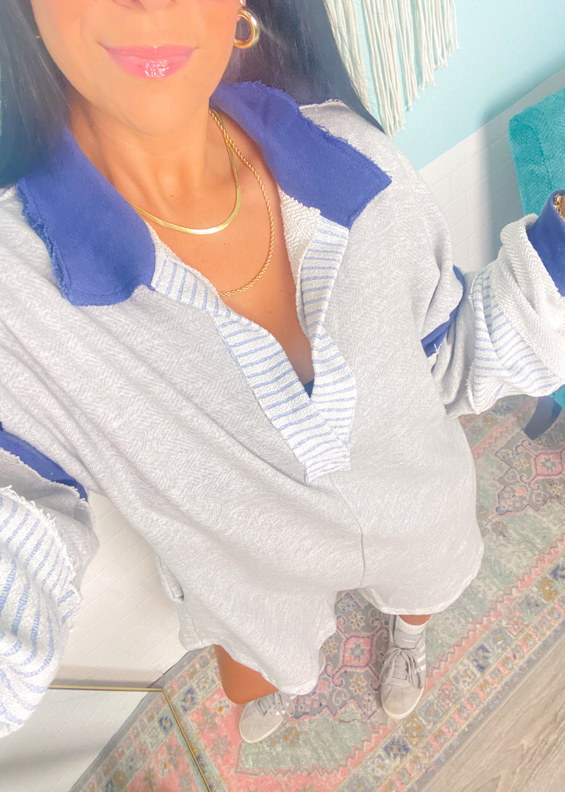 'Newport' Heather Gray + Navy French Terry Romper-These white wide leg stretch pants are everyday chic and we promise you will not want to take them off! The super flattering wide waistband is ultra comfortable and non restricting paired with a smooth and soft nylon fabric. Wear this for the your cutest athleisure look yet!-Cali Moon Boutique, Plainville Connecticut
