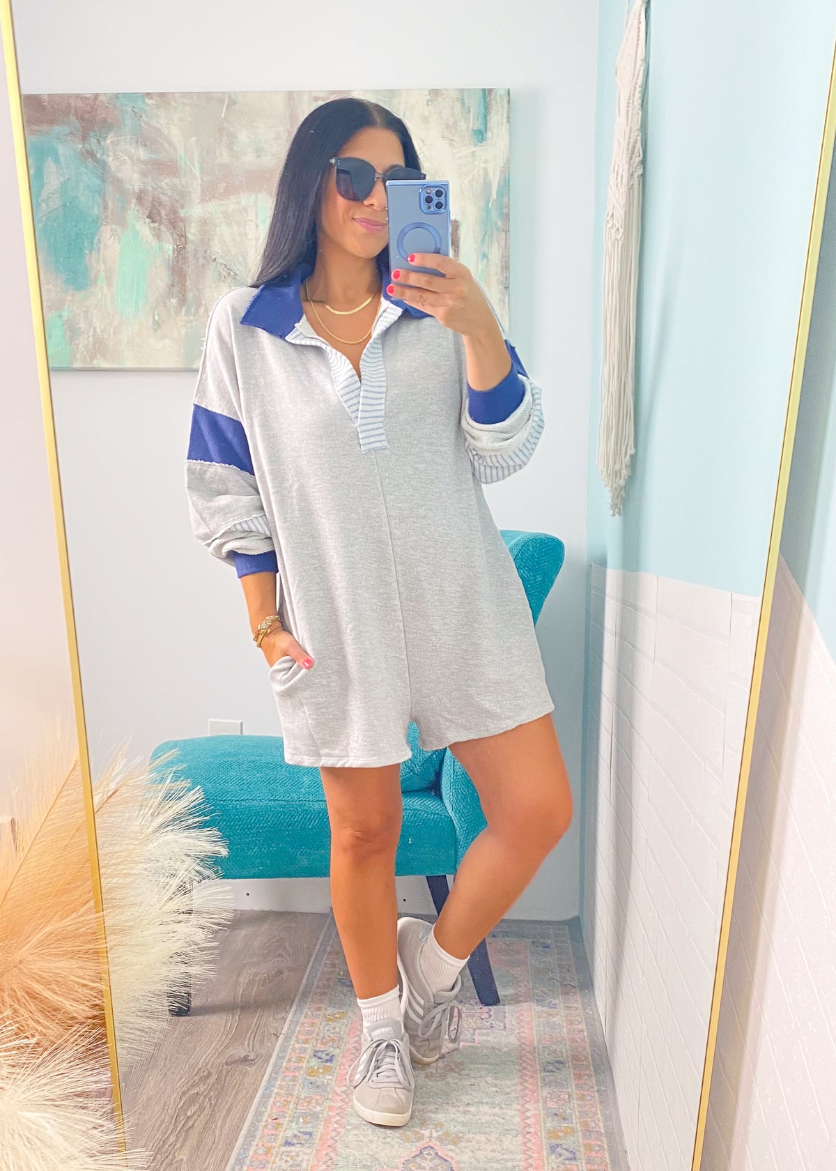 'Newport' Heather Gray + Navy French Terry Romper-These white wide leg stretch pants are everyday chic and we promise you will not want to take them off! The super flattering wide waistband is ultra comfortable and non restricting paired with a smooth and soft nylon fabric. Wear this for the your cutest athleisure look yet!-Cali Moon Boutique, Plainville Connecticut