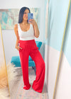 'Fast Track' Red with White Side Stripe Brushed Athleisure Pants-These white wide leg stretch pants are everyday chic and we promise you will not want to take them off! The super flattering wide waistband is ultra comfortable and non restricting paired with a smooth and soft nylon fabric. Wear this for the your cutest athleisure look yet!-Cali Moon Boutique, Plainville Connecticut