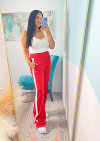 'Fast Track' Red with White Side Stripe Brushed Athleisure Pants-These white wide leg stretch pants are everyday chic and we promise you will not want to take them off! The super flattering wide waistband is ultra comfortable and non restricting paired with a smooth and soft nylon fabric. Wear this for the your cutest athleisure look yet!-Cali Moon Boutique, Plainville Connecticut