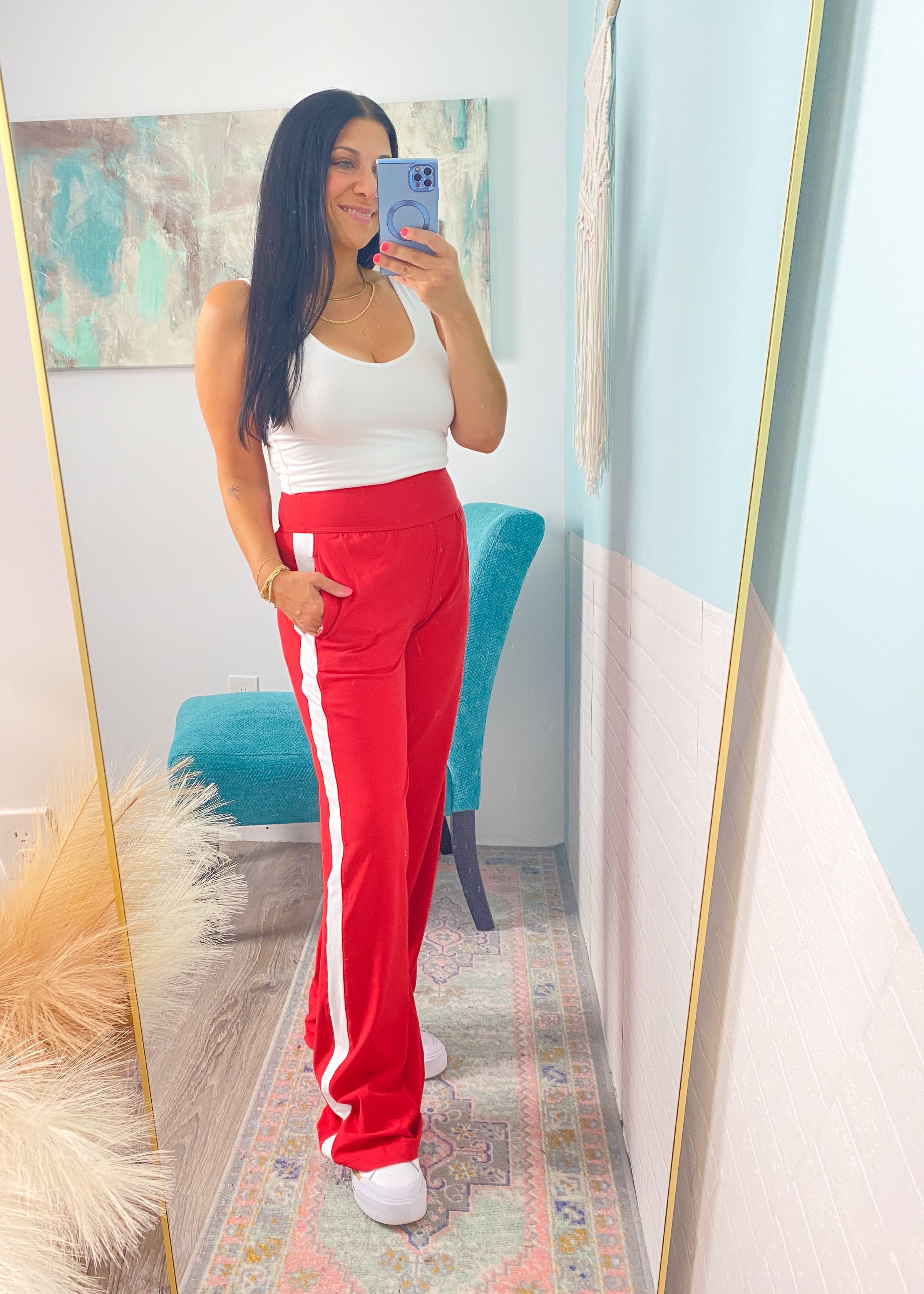 'Fast Track' Red with White Side Stripe Brushed Athleisure Pants-These white wide leg stretch pants are everyday chic and we promise you will not want to take them off! The super flattering wide waistband is ultra comfortable and non restricting paired with a smooth and soft nylon fabric. Wear this for the your cutest athleisure look yet!-Cali Moon Boutique, Plainville Connecticut