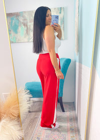'Fast Track' Red with White Side Stripe Brushed Athleisure Pants-These white wide leg stretch pants are everyday chic and we promise you will not want to take them off! The super flattering wide waistband is ultra comfortable and non restricting paired with a smooth and soft nylon fabric. Wear this for the your cutest athleisure look yet!-Cali Moon Boutique, Plainville Connecticut