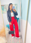 'Fast Track' Red with White Side Stripe Brushed Athleisure Pants-These white wide leg stretch pants are everyday chic and we promise you will not want to take them off! The super flattering wide waistband is ultra comfortable and non restricting paired with a smooth and soft nylon fabric. Wear this for the your cutest athleisure look yet!-Cali Moon Boutique, Plainville Connecticut