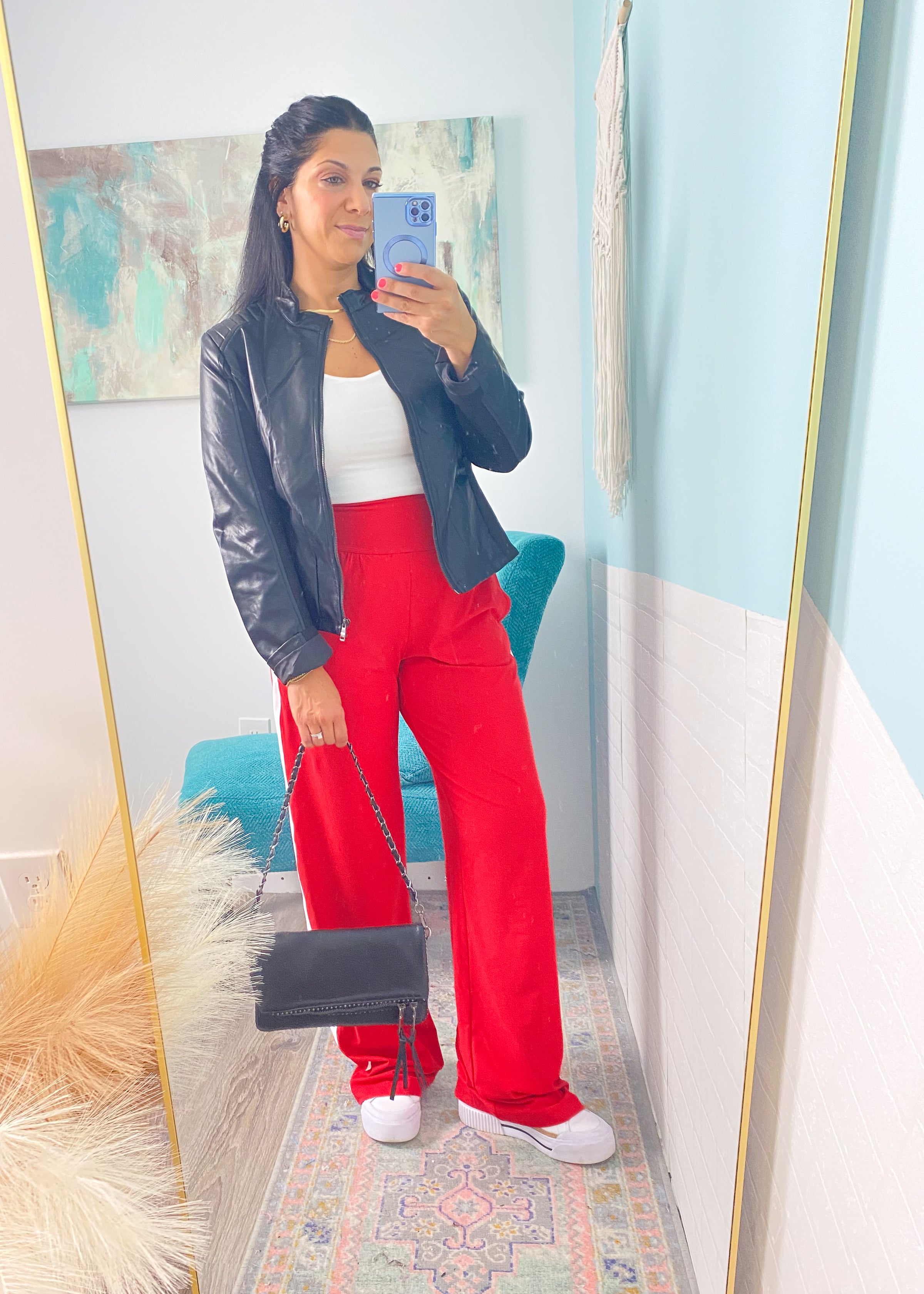 'Fast Track' Red with White Side Stripe Brushed Athleisure Pants-These white wide leg stretch pants are everyday chic and we promise you will not want to take them off! The super flattering wide waistband is ultra comfortable and non restricting paired with a smooth and soft nylon fabric. Wear this for the your cutest athleisure look yet!-Cali Moon Boutique, Plainville Connecticut