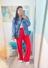 'Fast Track' Red with White Side Stripe Brushed Athleisure Pants-These white wide leg stretch pants are everyday chic and we promise you will not want to take them off! The super flattering wide waistband is ultra comfortable and non restricting paired with a smooth and soft nylon fabric. Wear this for the your cutest athleisure look yet!-Cali Moon Boutique, Plainville Connecticut
