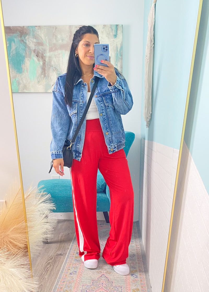 'Fast Track' Red with White Side Stripe Brushed Athleisure Pants-These white wide leg stretch pants are everyday chic and we promise you will not want to take them off! The super flattering wide waistband is ultra comfortable and non restricting paired with a smooth and soft nylon fabric. Wear this for the your cutest athleisure look yet!-Cali Moon Boutique, Plainville Connecticut