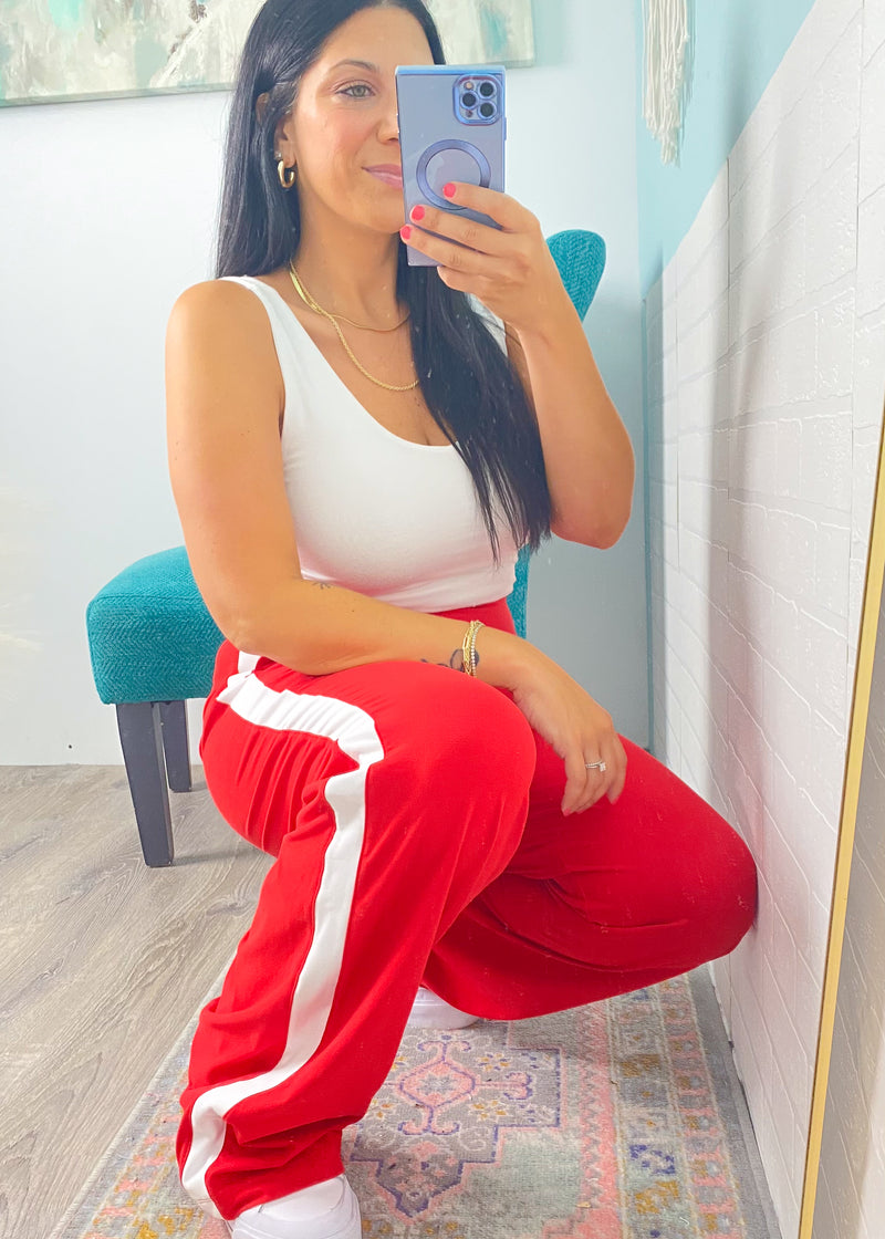 ' Red with White Side Stripe Brushed Athleisure Pants