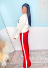 'Fast Track' Red with White Side Stripe Brushed Athleisure Pants-These white wide leg stretch pants are everyday chic and we promise you will not want to take them off! The super flattering wide waistband is ultra comfortable and non restricting paired with a smooth and soft nylon fabric. Wear this for the your cutest athleisure look yet!-Cali Moon Boutique, Plainville Connecticut