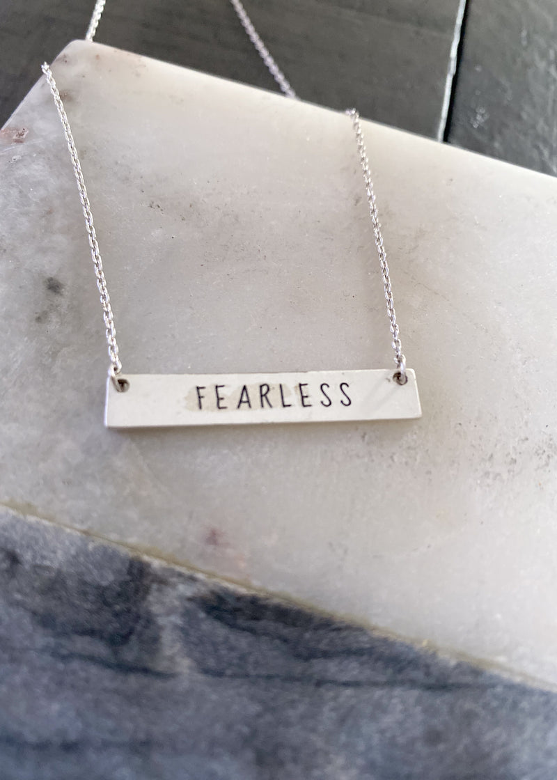 Vintage Worn Silver Fearless Bar Necklace- Vintage Worn Silver bar with inscribed "Fearless" 1 1/4" horizontal bar Chain 16" with 2" extender-Cali Moon Boutique, Plainville Connecticut