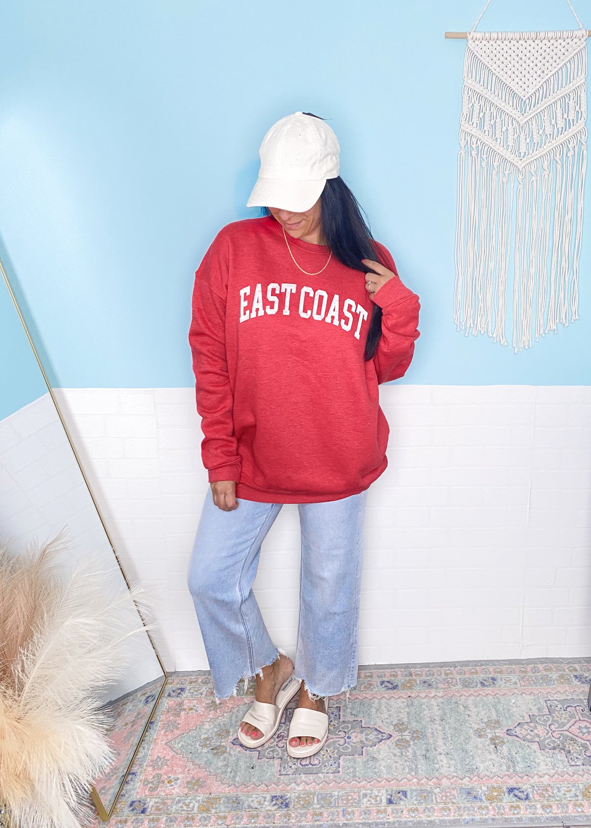 'East Coast' Heather Red Vintage Varsity Ultra Cozy Sweatshirt-**CUSTOMER FAVORITE BRAND** Time and time again, these ultra cozy sweatshirts are a customer fav for good reason! Rep your love for the East Coast with this Vintage Distressed design!-Cali Moon Boutique, Plainville Connecticut