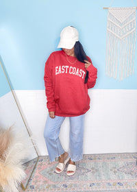 'East Coast' Heather Red Vintage Varsity Ultra Cozy Sweatshirt-**CUSTOMER FAVORITE BRAND** Time and time again, these ultra cozy sweatshirts are a customer fav for good reason! Rep your love for the East Coast with this Vintage Distressed design!-Cali Moon Boutique, Plainville Connecticut