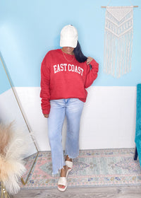 'East Coast' Heather Red Vintage Varsity Ultra Cozy Sweatshirt-**CUSTOMER FAVORITE BRAND** Time and time again, these ultra cozy sweatshirts are a customer fav for good reason! Rep your love for the East Coast with this Vintage Distressed design!-Cali Moon Boutique, Plainville Connecticut