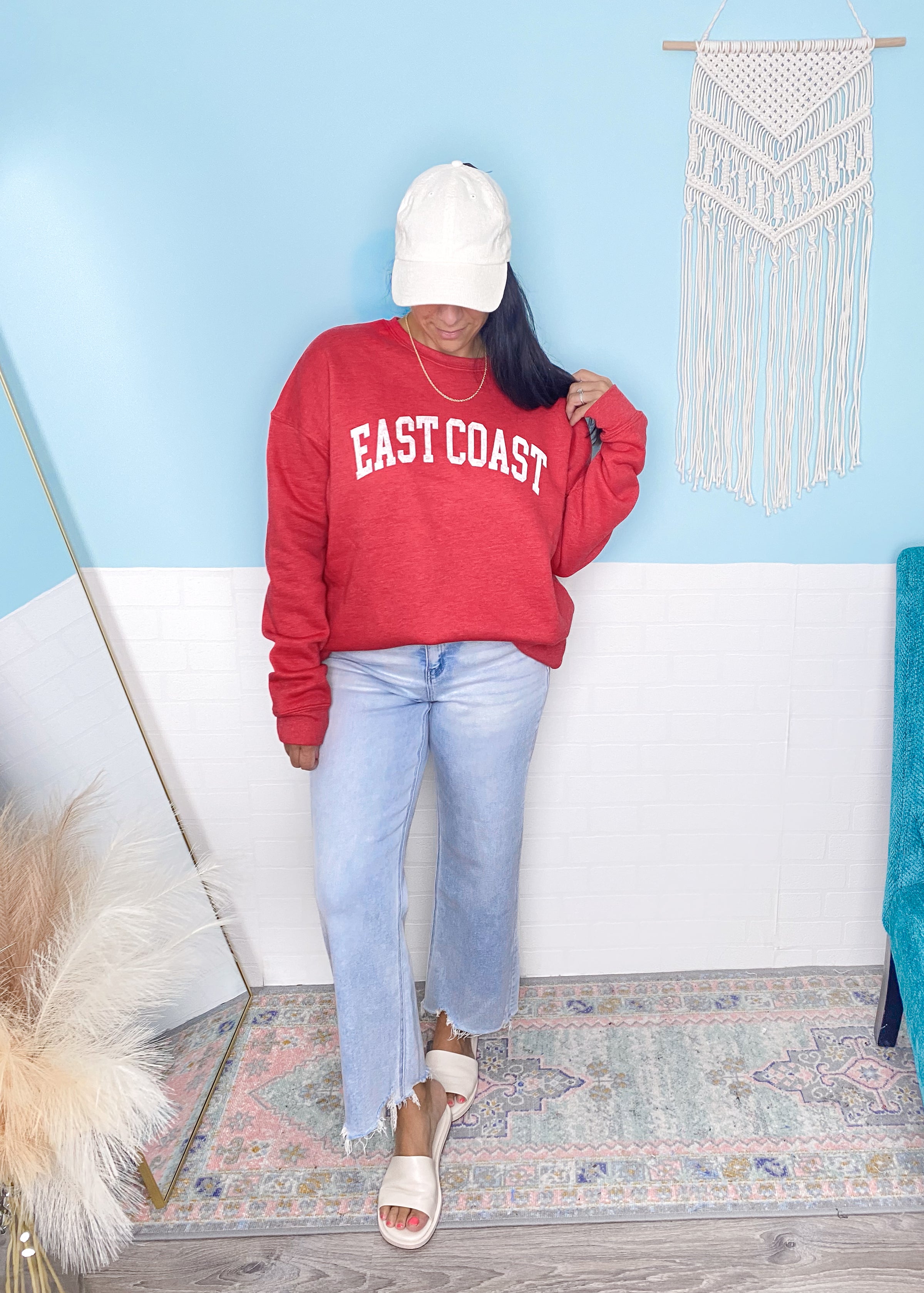 'East Coast' Heather Red Vintage Varsity Ultra Cozy Sweatshirt-**CUSTOMER FAVORITE BRAND** Time and time again, these ultra cozy sweatshirts are a customer fav for good reason! Rep your love for the East Coast with this Vintage Distressed design!-Cali Moon Boutique, Plainville Connecticut