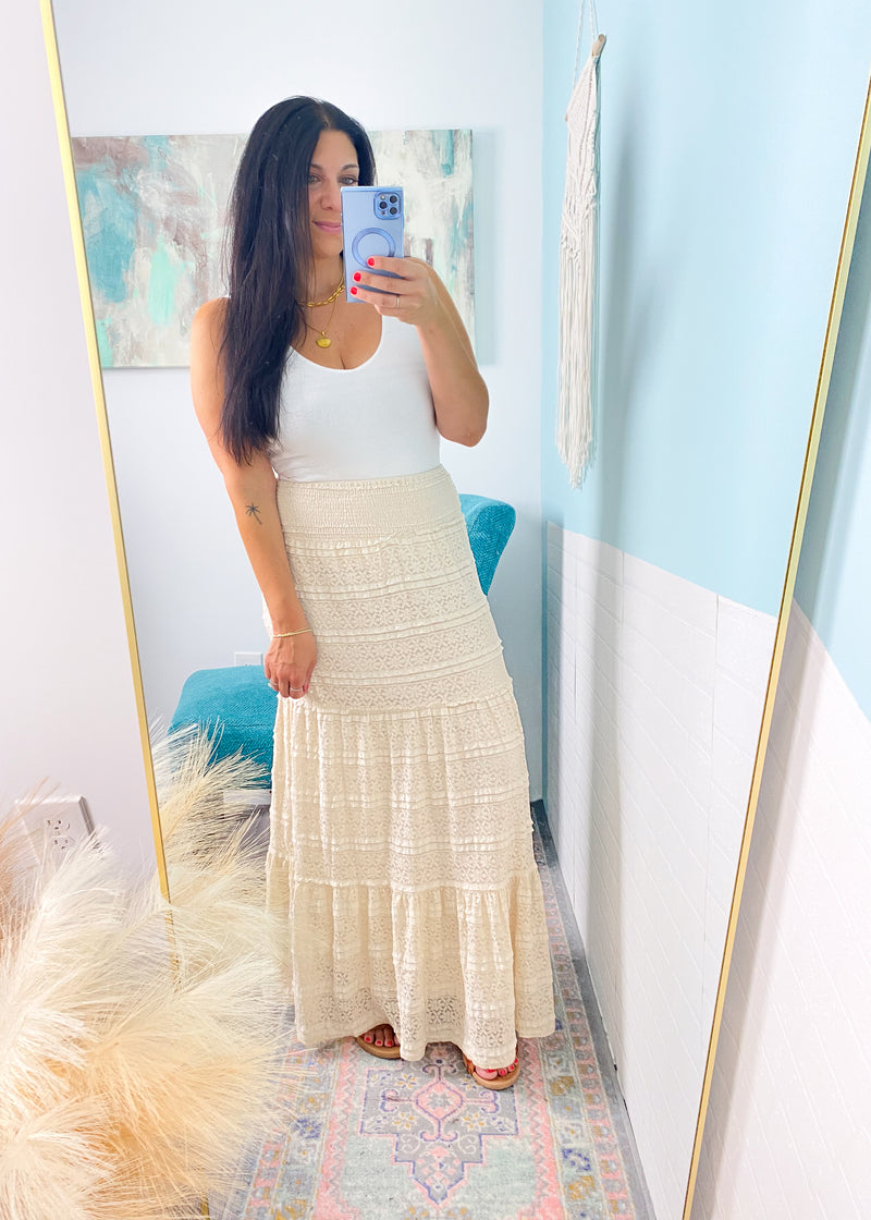 'Whispering Waves' Cream Lace Smocked Waist Tiered Maxi Skirt - Cali Moon Boutique