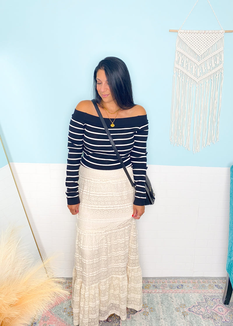 Black and Ivory Stripe Off the Shoulder Knit Top