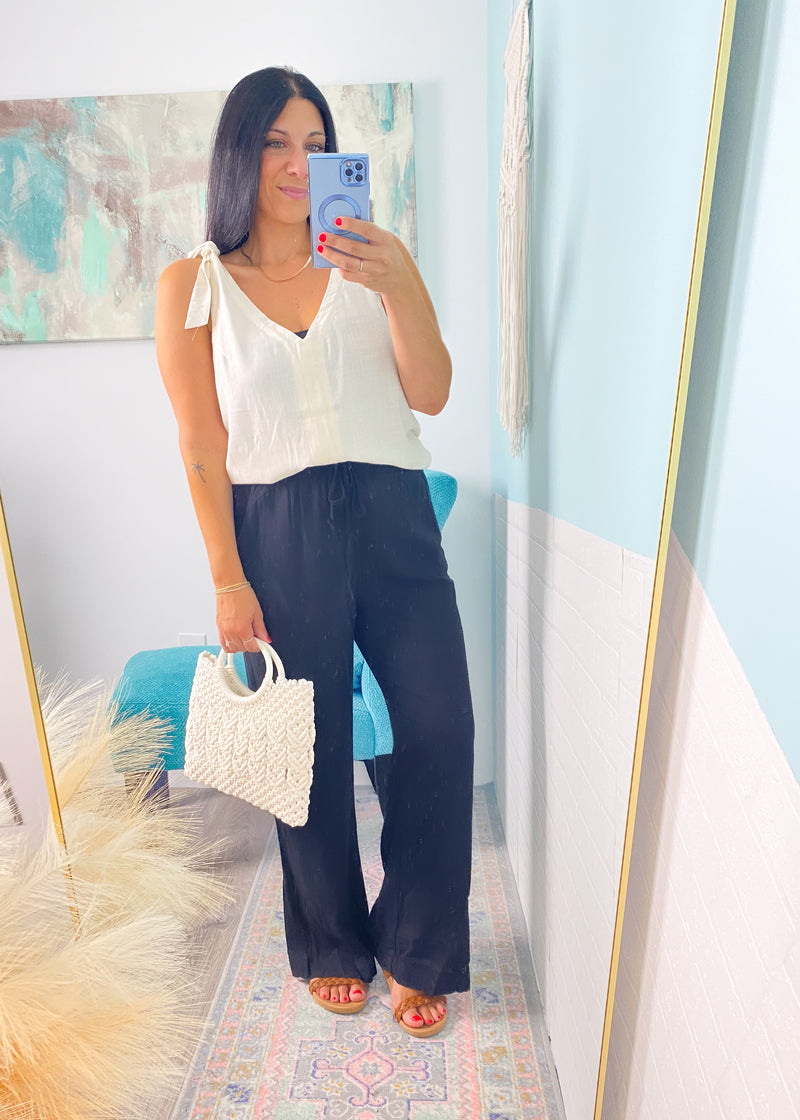 Oatmeal Tie Strap Linen Top with Button Up Back