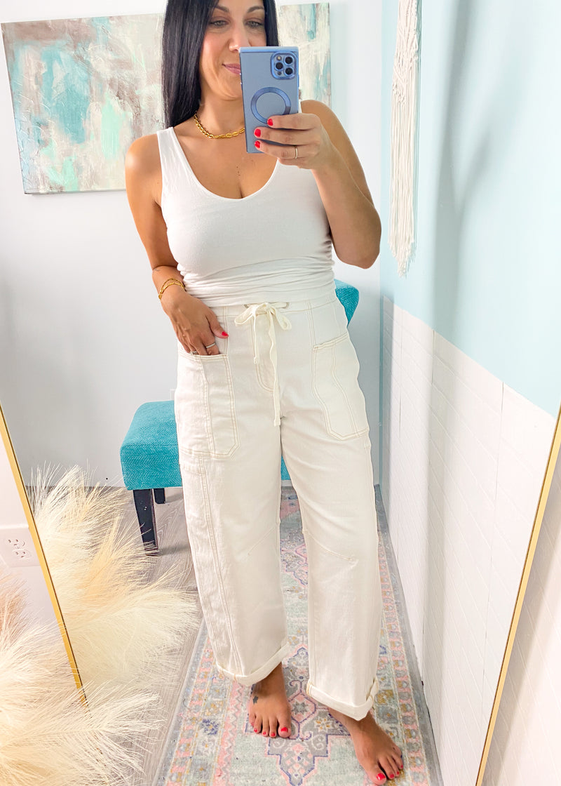 risen brand cream tapered slouchy jeans