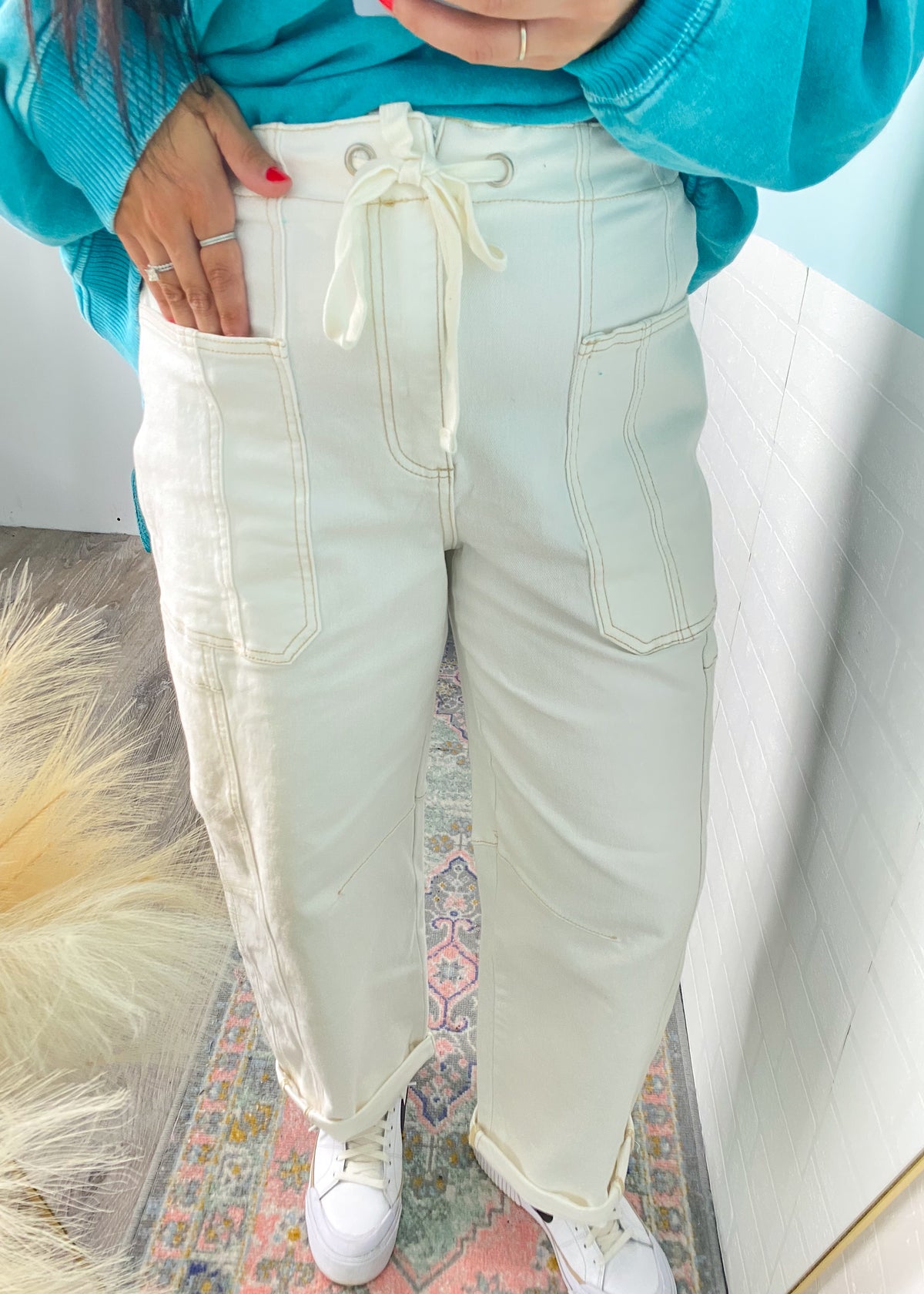 risen brand cream tapered slouchy jeans