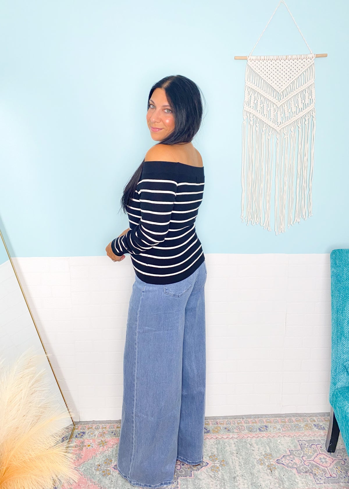 Black and Ivory Stripe Off the Shoulder Knit Top