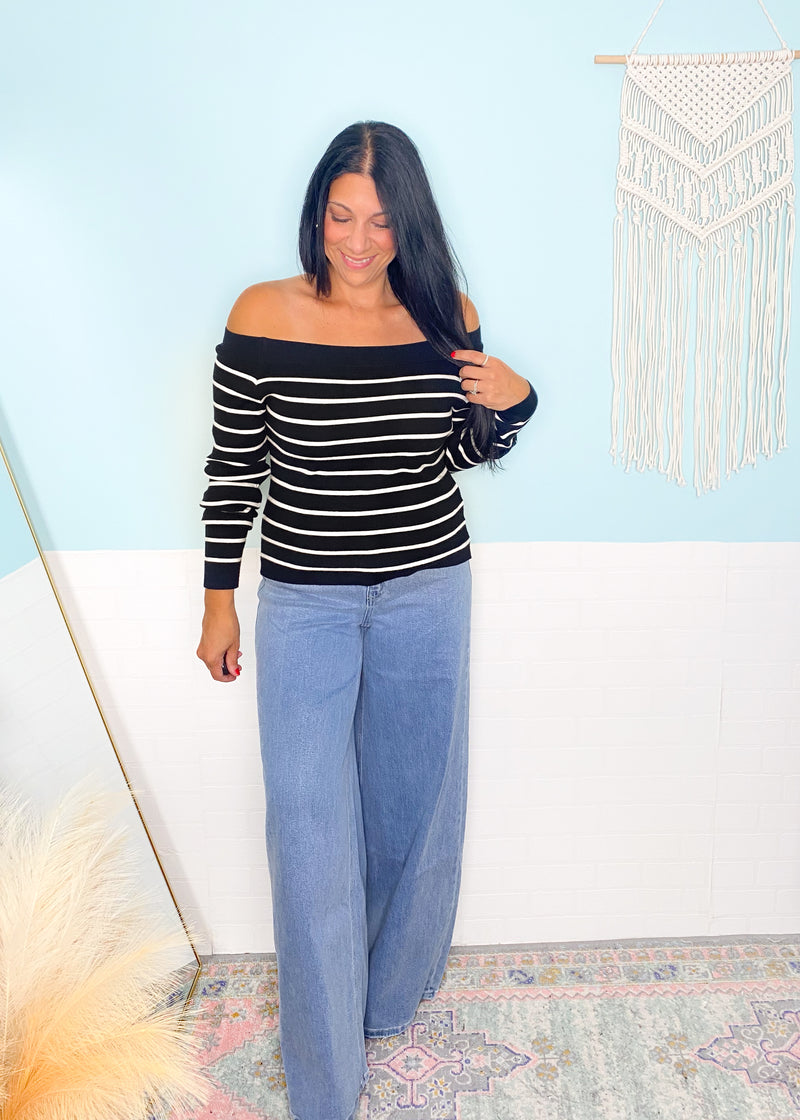 Black and Ivory Stripe Off the Shoulder Knit Top