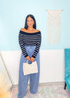 Black and Ivory Stripe Off the Shoulder Knit Top