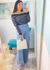 Black and Ivory Stripe Off the Shoulder Knit Top