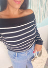 Black and Ivory Stripe Off the Shoulder Knit Top