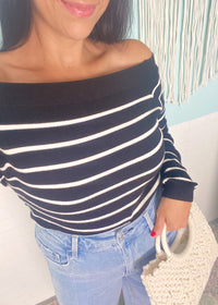 Black and Ivory Stripe Off the Shoulder Knit Top