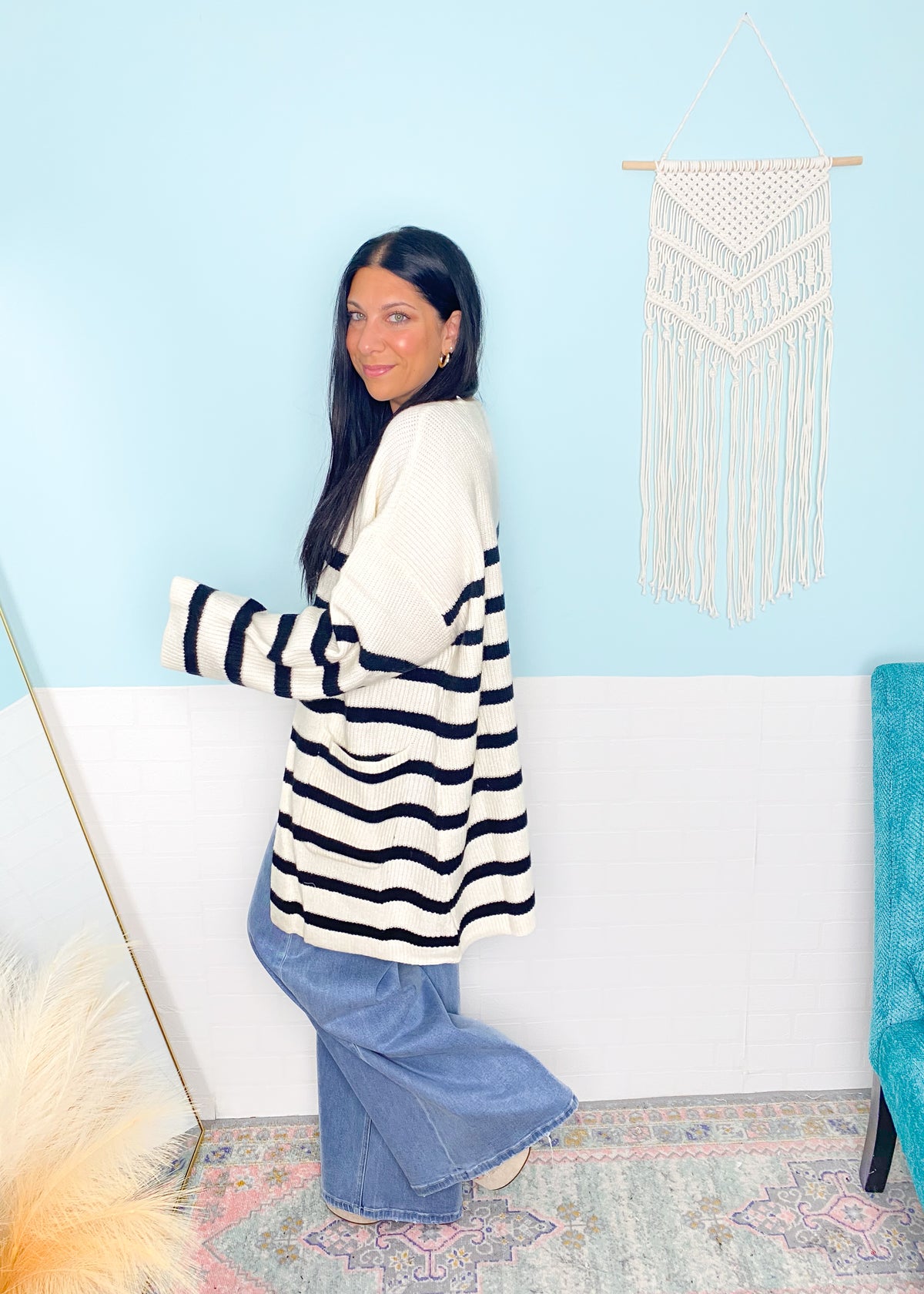 'Dockside' Ivory/Black Striped Open Cardigan - Cali Moon Boutique