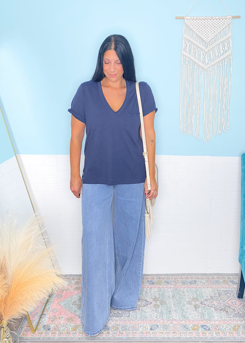 Navy Blue Slouchy V-Neck Tee Shirt