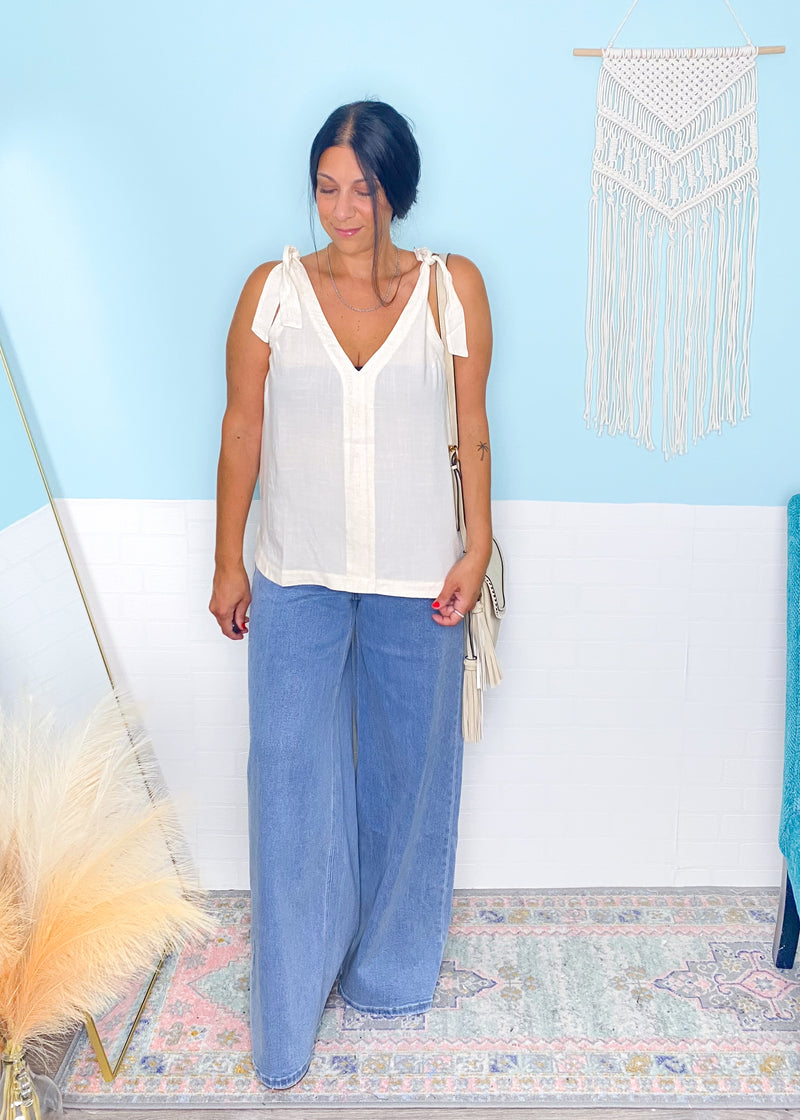 Oatmeal Tie Strap Linen Top with Button Up Back