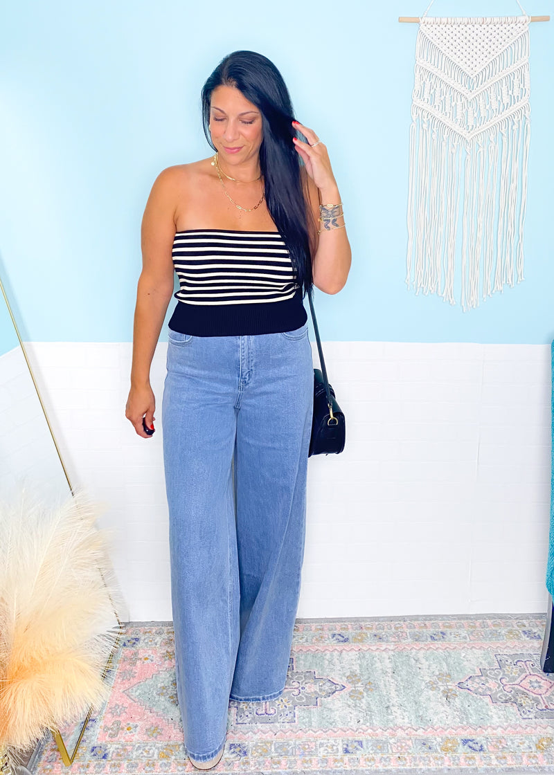 Black and Cream Stripe Ribbed Knit Tube Top