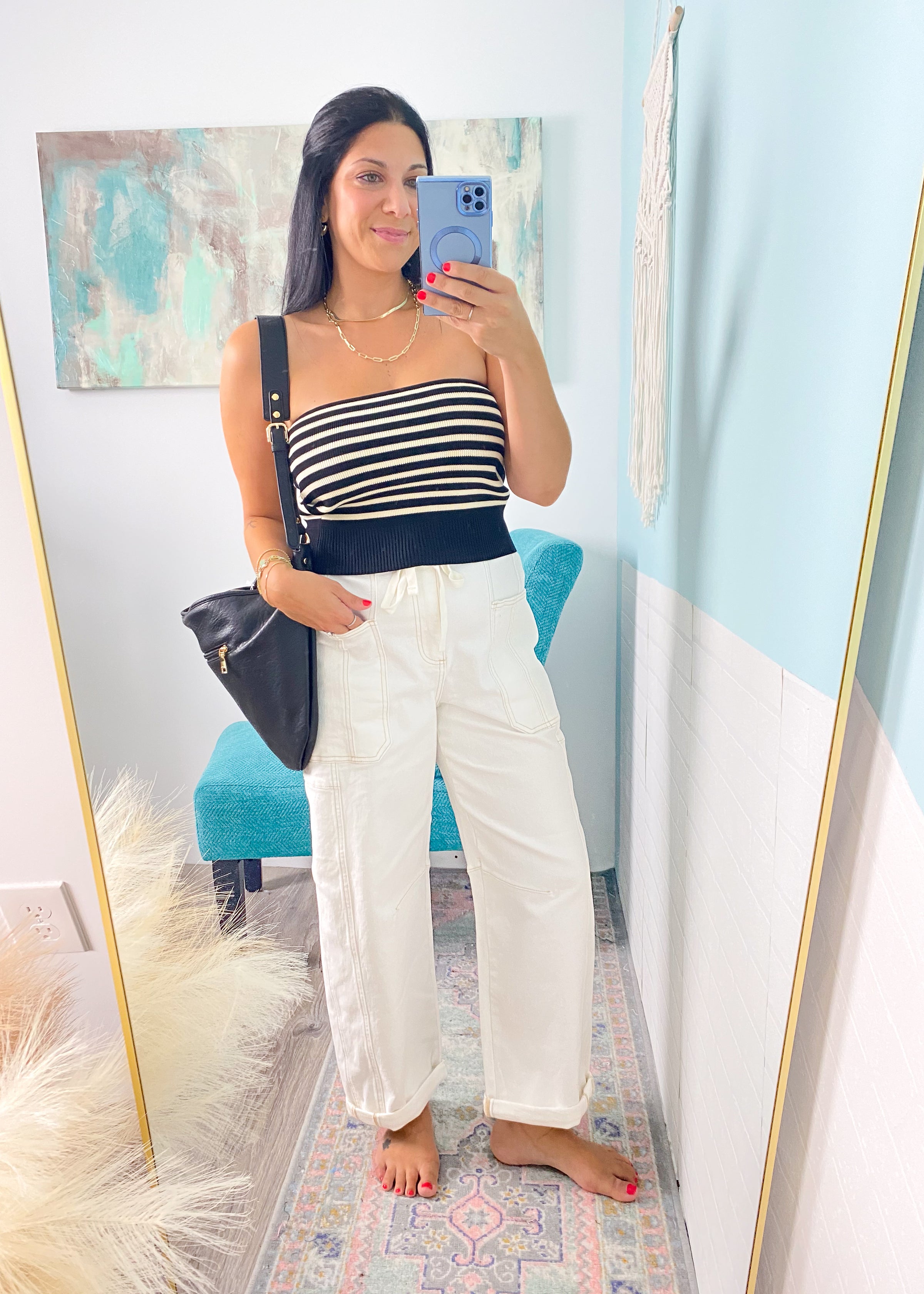 Black and Cream Stripe Ribbed Knit Tube Top