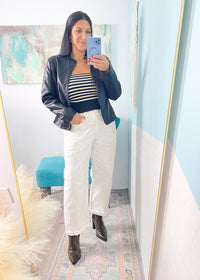 Black and Cream Stripe Ribbed Knit Tube Top