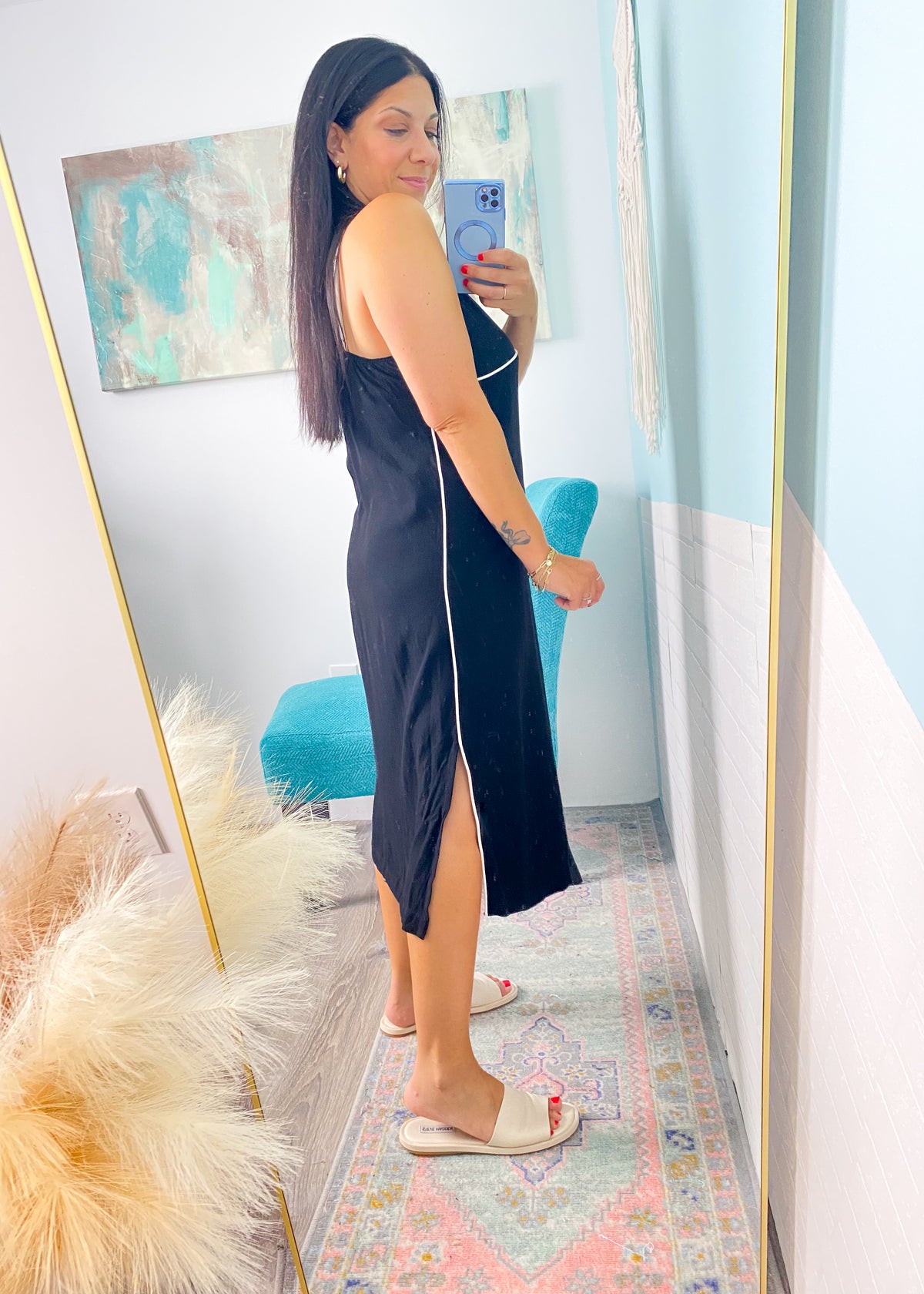 Black Linen Midi Cami Dress with White Contrast