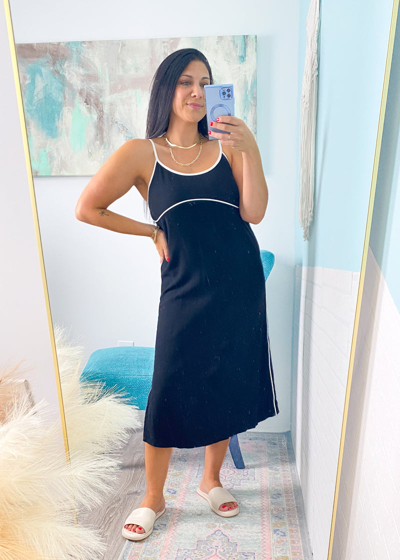 Black Linen Midi Cami Dress with White Contrast