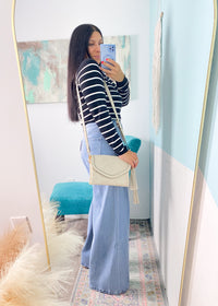 'Sloane' Greige Flapover Faux Leather Crossbody with Stitching - Cali Moon Boutique