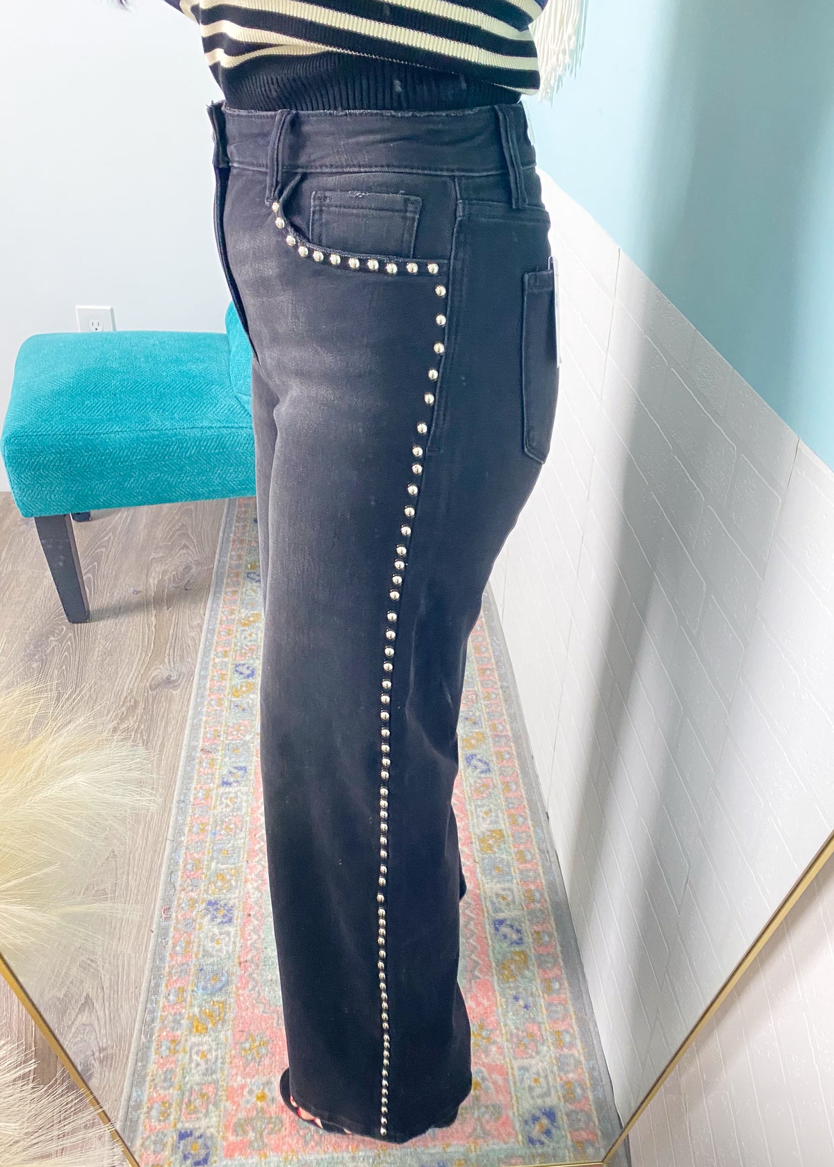 'Rebel Noir' Vervet High Rise Washed Black Studded Wide Leg Jeans - Cali Moon Boutique