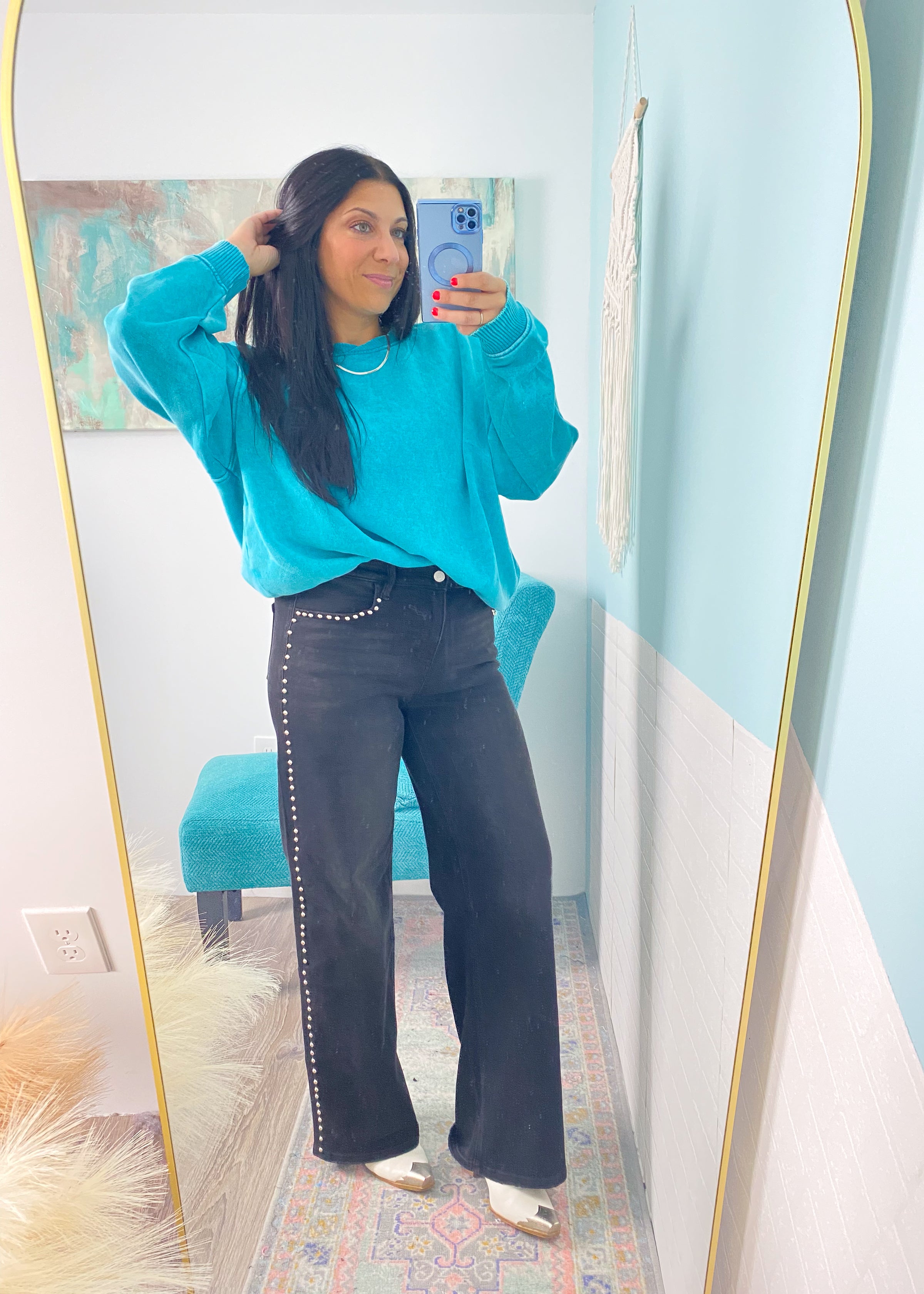 'Rebel Noir' Vervet High Rise Washed Black Studded Wide Leg Jeans - Cali Moon Boutique